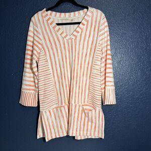 Soft Surroundings Orange White Stripe V Neck 3/4 Sleeve Tunic Top Women's S